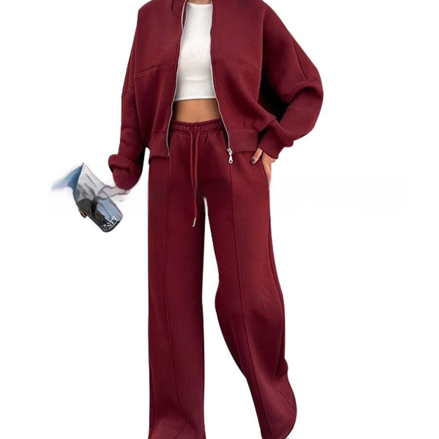 Luxe Lounge Zip Set – Two - Piece Relaxed Tracksuit with Wide - Leg Pants - Knack'd Up