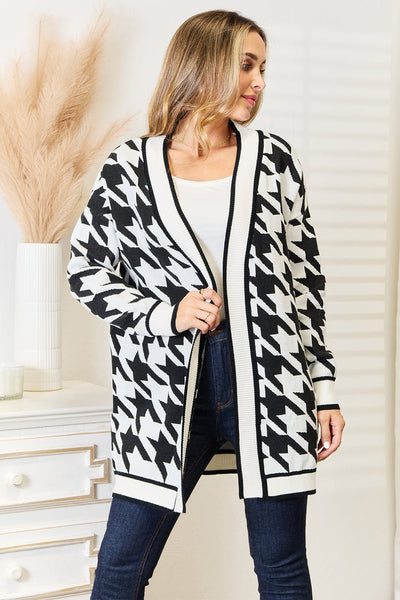 Mandy Woven Right Houndstooth Open Front Longline Cardigan - Knack'd Up