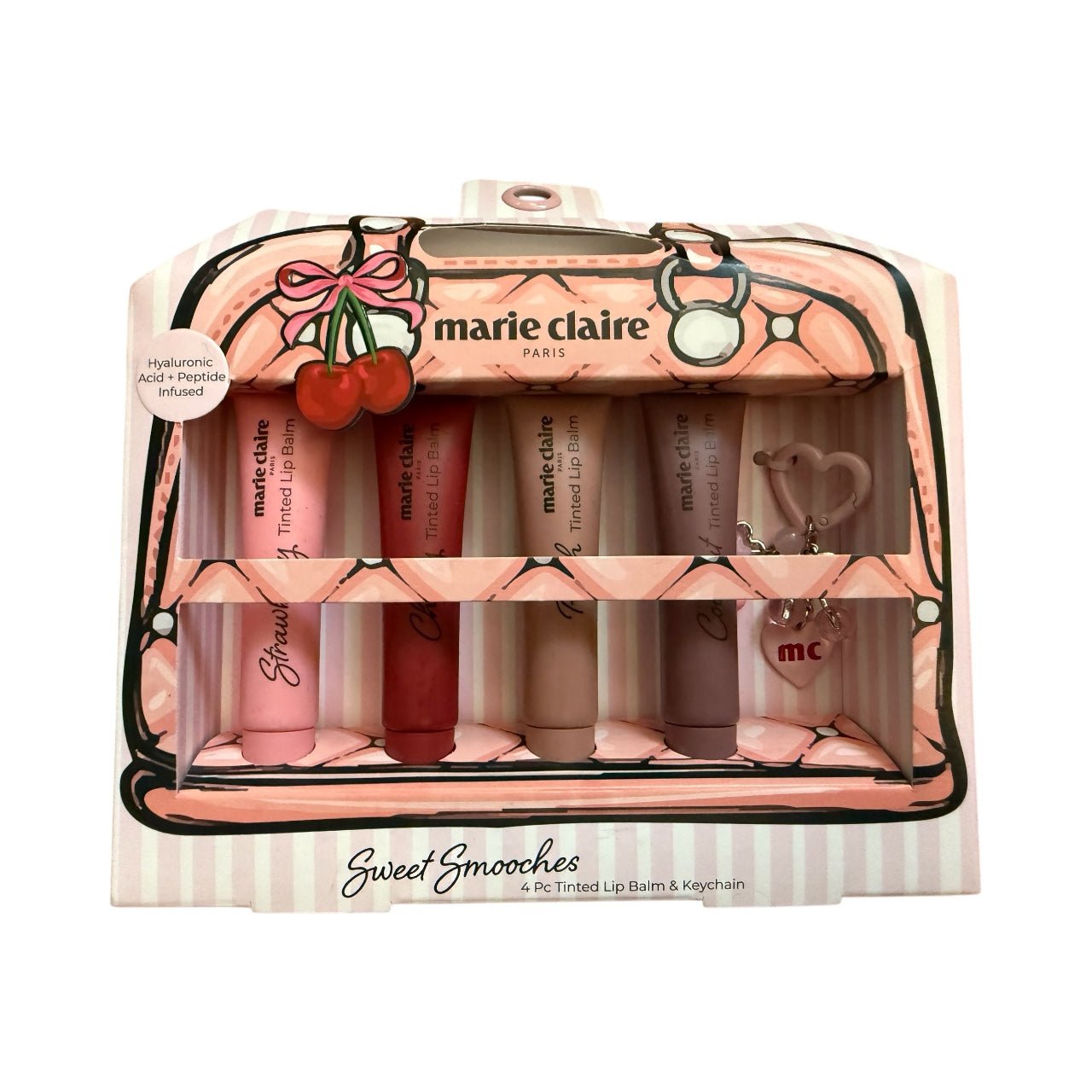 Marie Claire Sweet Smooches 4 - Piece Tinted Lip Balm Set with Keychain – Hydrating Lip Care Gift Set Infused with Hyaluronic Acid & Peptides - Knack'd Up