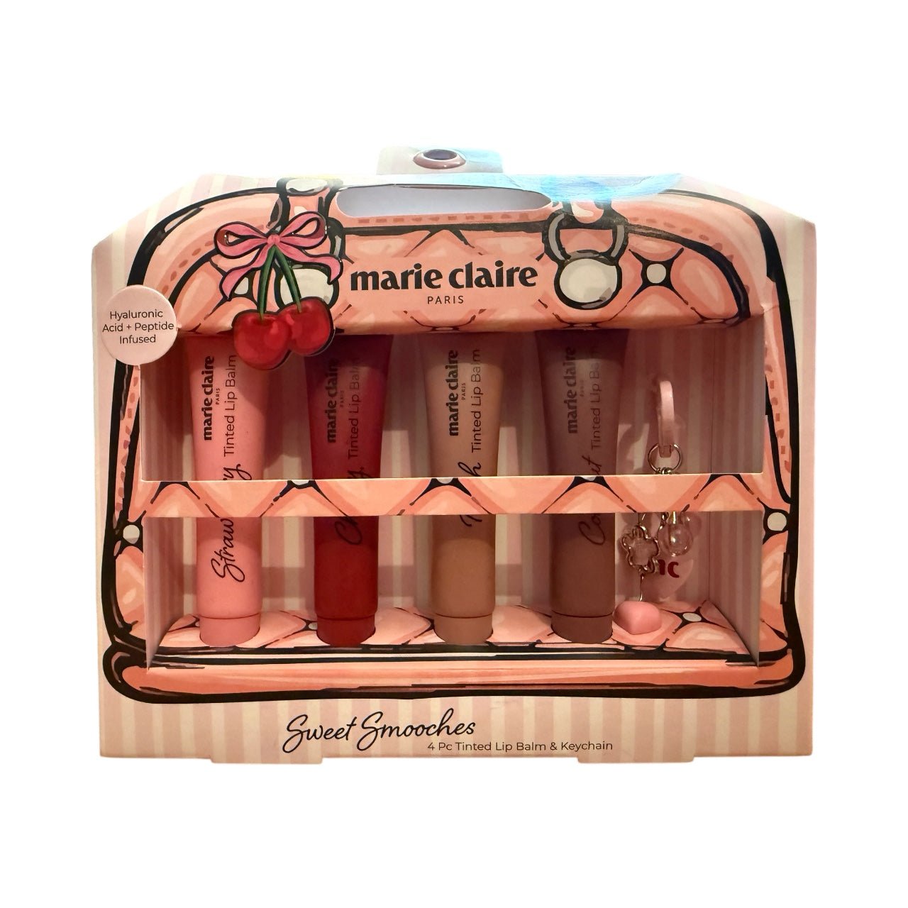 Marie Claire Sweet Smooches 4 - Piece Tinted Lip Balm Set with Keychain – Hydrating Lip Care Gift Set Infused with Hyaluronic Acid & Peptides - Knack'd Up
