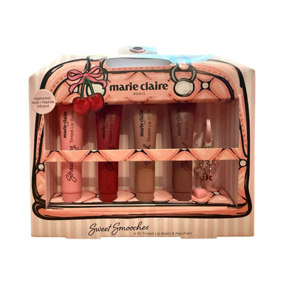 Marie Claire Sweet Smooches 4 - Piece Tinted Lip Balm Set with Keychain – Hydrating Lip Care Gift Set Infused with Hyaluronic Acid & Peptides - Knack'd Up
