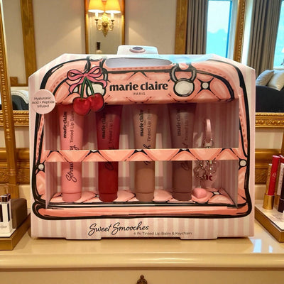 Marie Claire Sweet Smooches 4 - Piece Tinted Lip Balm Set with Keychain – Hydrating Lip Care Gift Set Infused with Hyaluronic Acid & Peptides - Knack'd Up