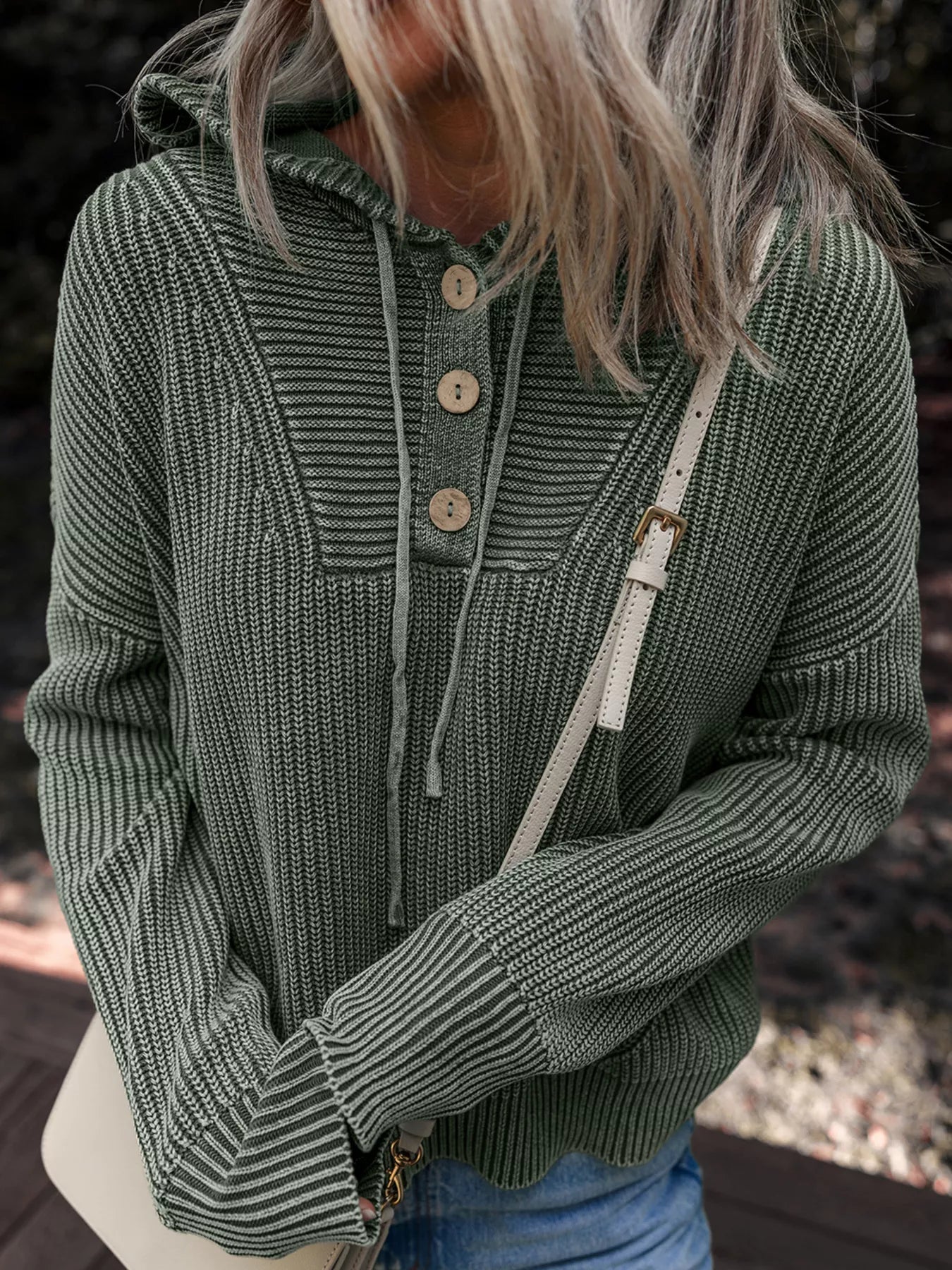 Mineral Wash Ribbed Knit Button Drawstring Neck Hooded Sweater - Knack'd Up