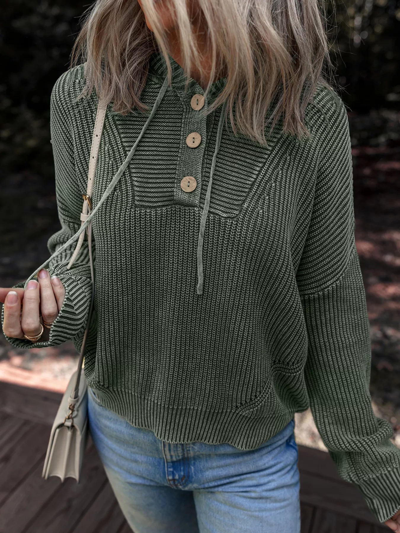 Mineral Wash Ribbed Knit Button Drawstring Neck Hooded Sweater - Knack'd Up