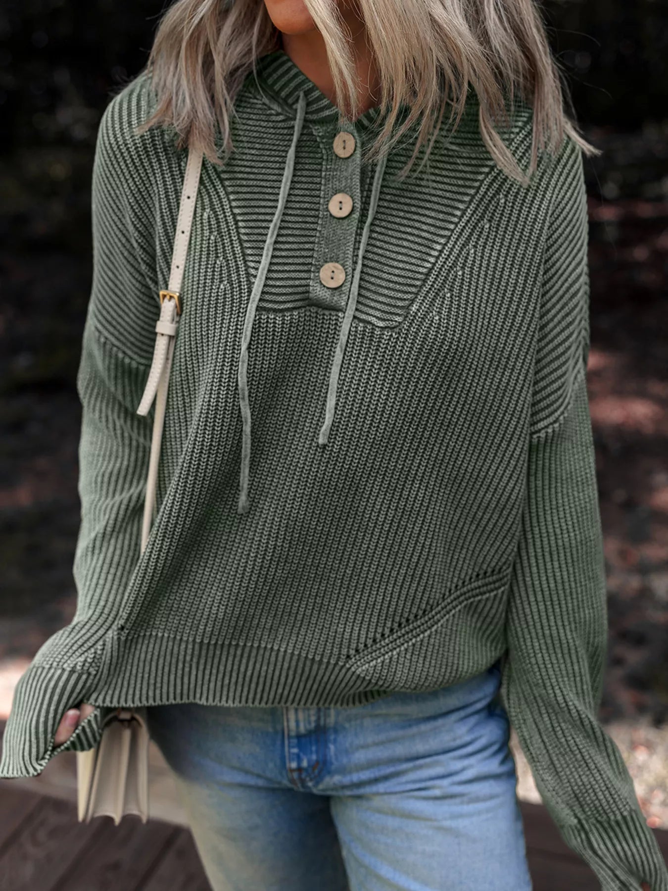 Mineral Wash Ribbed Knit Button Drawstring Neck Hooded Sweater - Knack'd Up