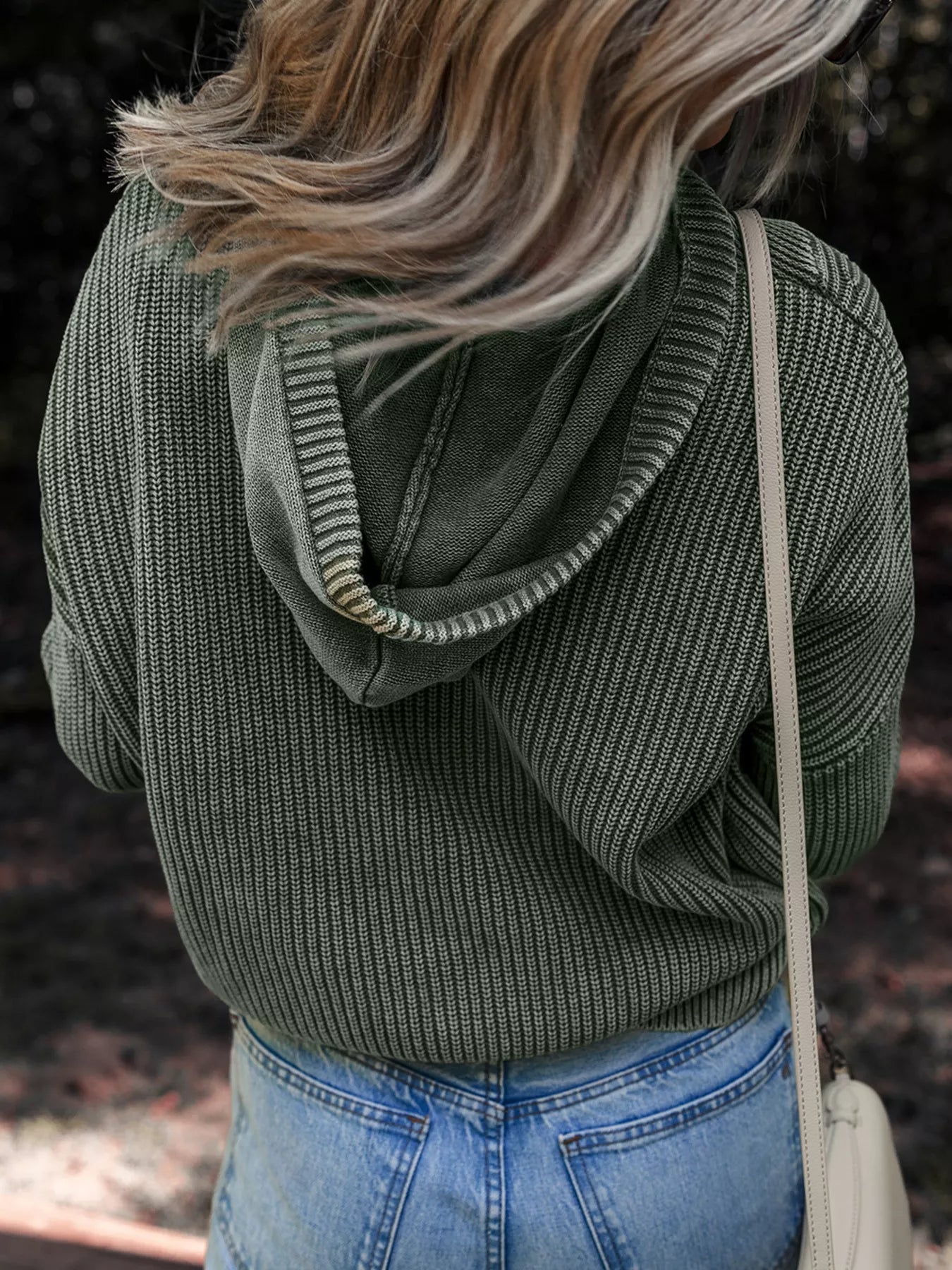 Mineral Wash Ribbed Knit Button Drawstring Neck Hooded Sweater - Knack'd Up