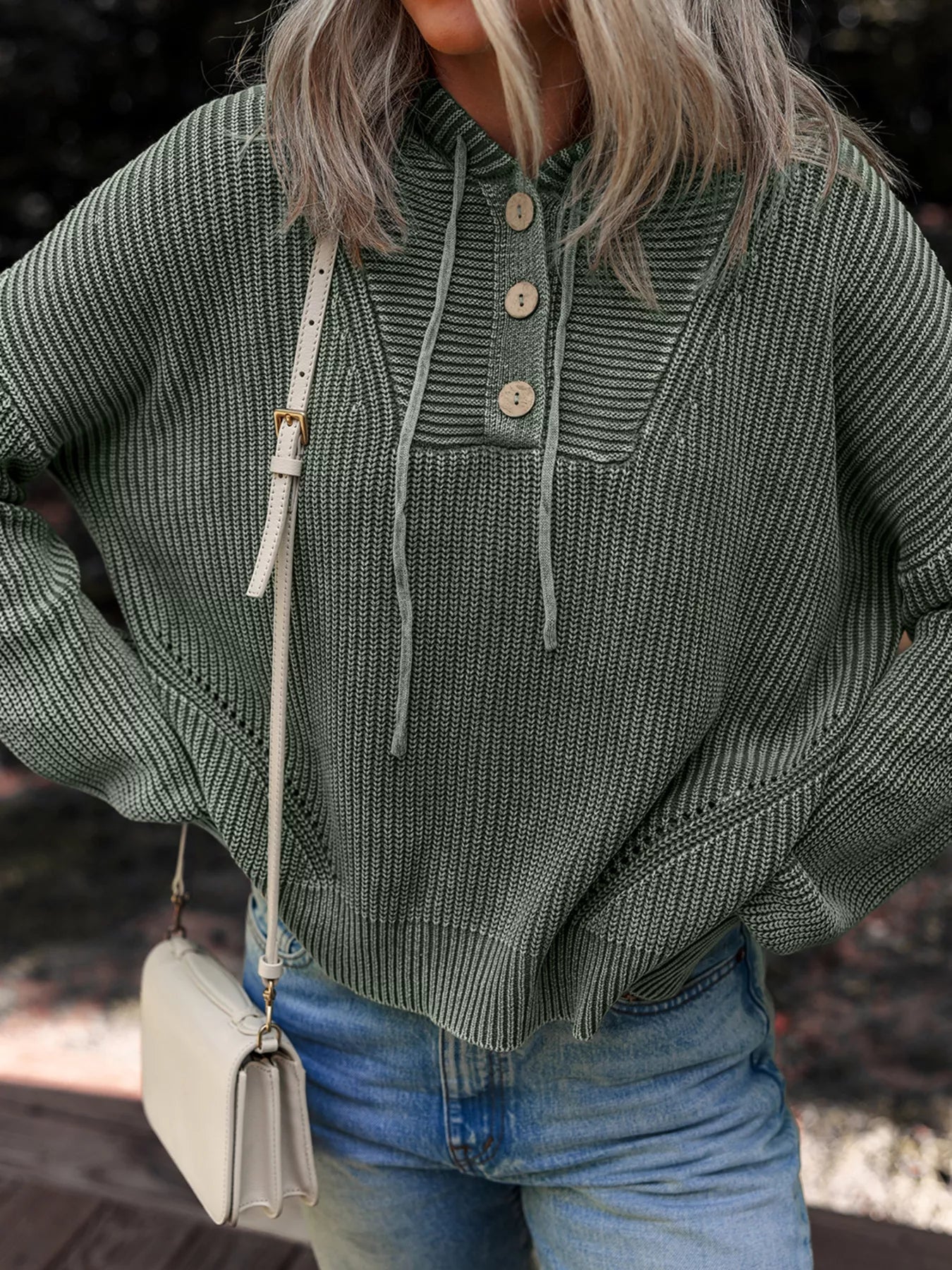 Mineral Wash Ribbed Knit Button Drawstring Neck Hooded Sweater - Knack'd Up