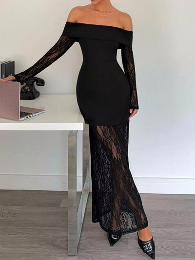 Off - Shoulder Lace Long Sleeve Maxi Dress - Knack'd Up