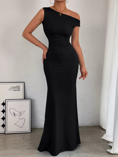 One - Shoulder Ruched Bodycon Maxi Dress - Knack'd Up