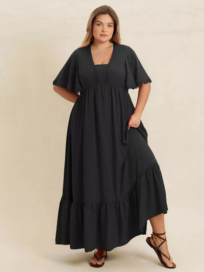 Plus Size Boho Ruffled Maxi Dress with Flutter Sleeves - Knack'd Up
