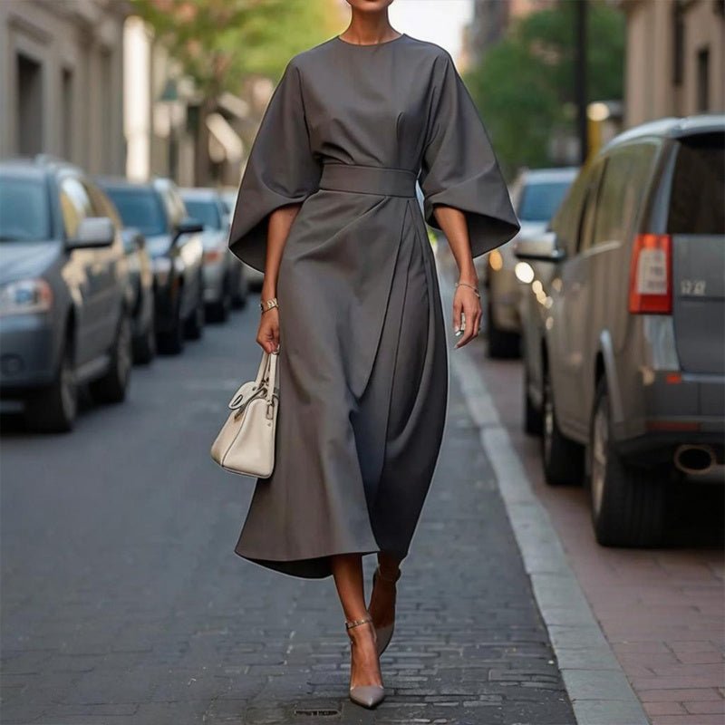 Plus Size Elegant Pleated Maxi Dress – Waist - Defining Round Neck Mid - Sleeve Formal Dress for Office, Party & Wedding Guest - Knack'd Up