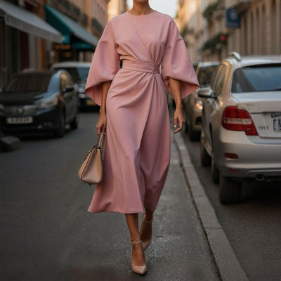 Plus Size Elegant Pleated Maxi Dress – Waist - Defining Round Neck Mid - Sleeve Formal Dress for Office, Party & Wedding Guest - Knack'd Up