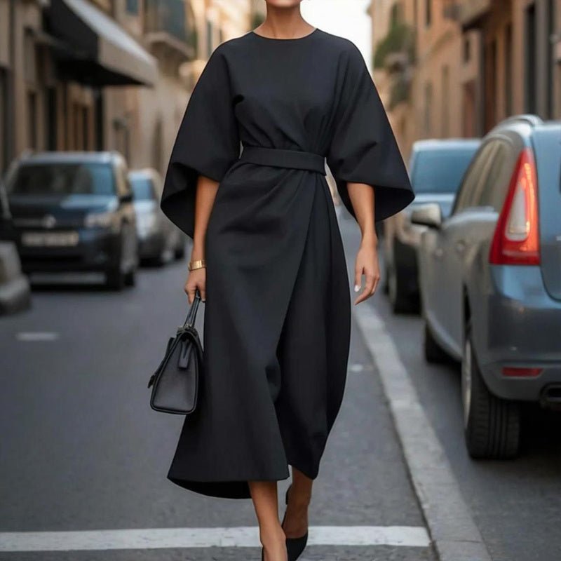 Plus Size Elegant Pleated Maxi Dress – Waist - Defining Round Neck Mid - Sleeve Formal Dress for Office, Party & Wedding Guest - Knack'd Up