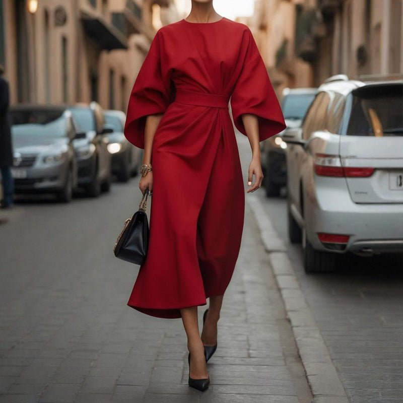 Plus Size Elegant Pleated Maxi Dress – Waist - Defining Round Neck Mid - Sleeve Formal Dress for Office, Party & Wedding Guest - Knack'd Up