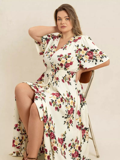 Plus Size Floral Flutter Sleeve Maxi Dress with Button Front - Knack'd Up