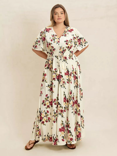 Plus Size Floral Flutter Sleeve Maxi Dress with Button Front - Knack'd Up