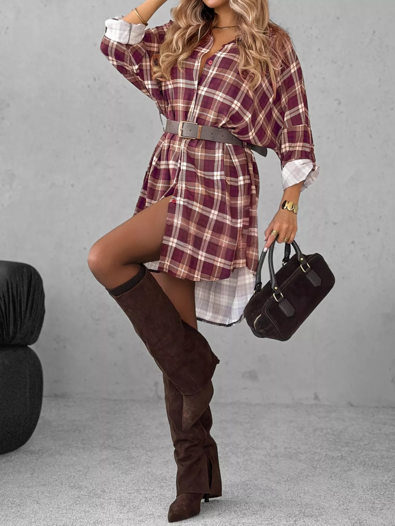 Plus Size Plaid Long Sleeve Mini Shirt Dress - Knack'd Up