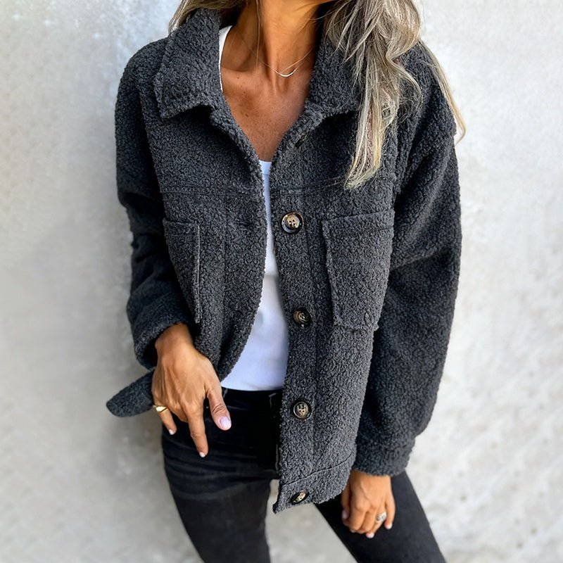 Plus Size Women’s Sherpa Fleece Jacket – Long Sleeve Lapel Coat with Pockets - Knack'd Up