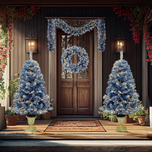 Pre - Lit Artificial Christmas Tree – 4 - Piece Holiday Set with Wreath, Garland & Centerpiece - Knack'd Up