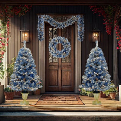 Pre - Lit Artificial Christmas Tree – 4 - Piece Holiday Set with Wreath, Garland & Centerpiece - Knack'd Up