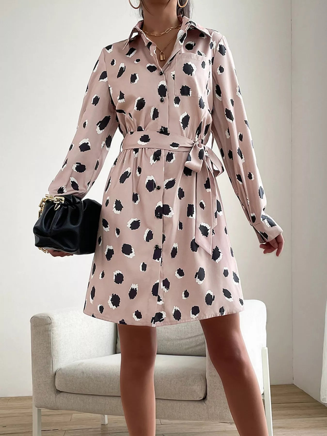 Printed Long Sleeve Mini Shirt Dress - Knack'd Up