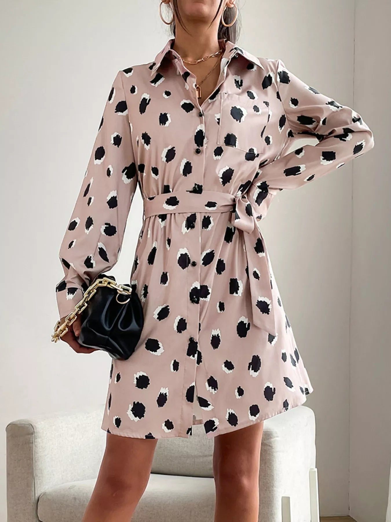 Printed Long Sleeve Mini Shirt Dress - Knack'd Up