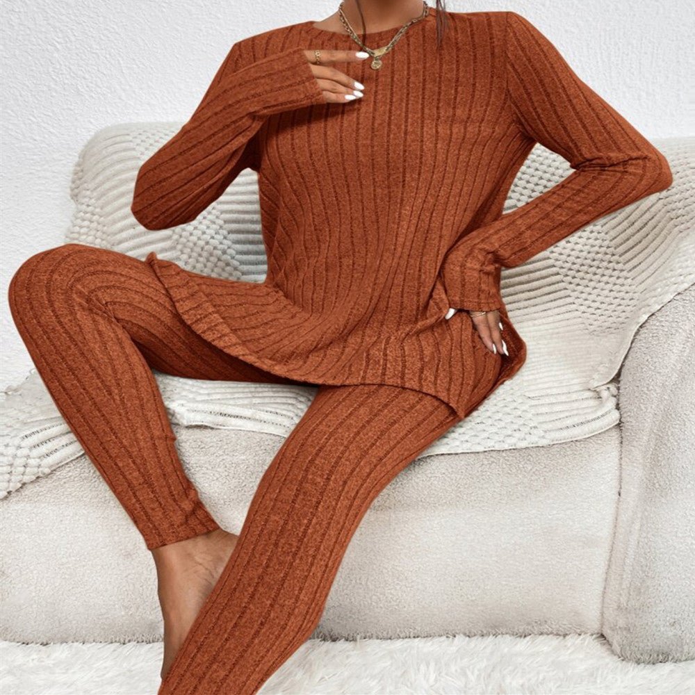 Ribbed Knit Lounge Set – Cozy Fall Essential in Warm Rust Brown - Knack'd Up