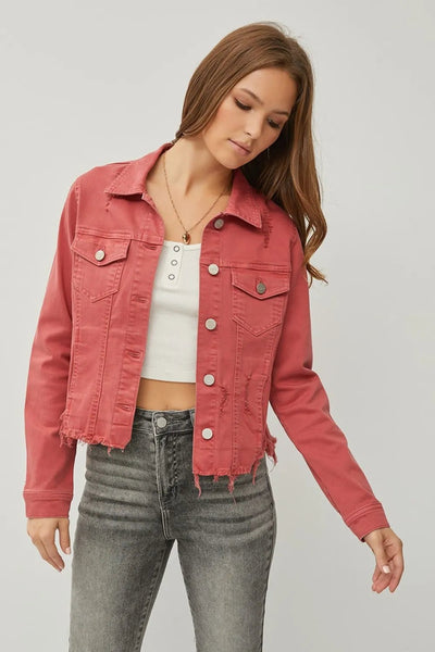 RISEN Full Size Raw Hem Button Up Cropped Denim Jacket Plus Size - Knack'd Up