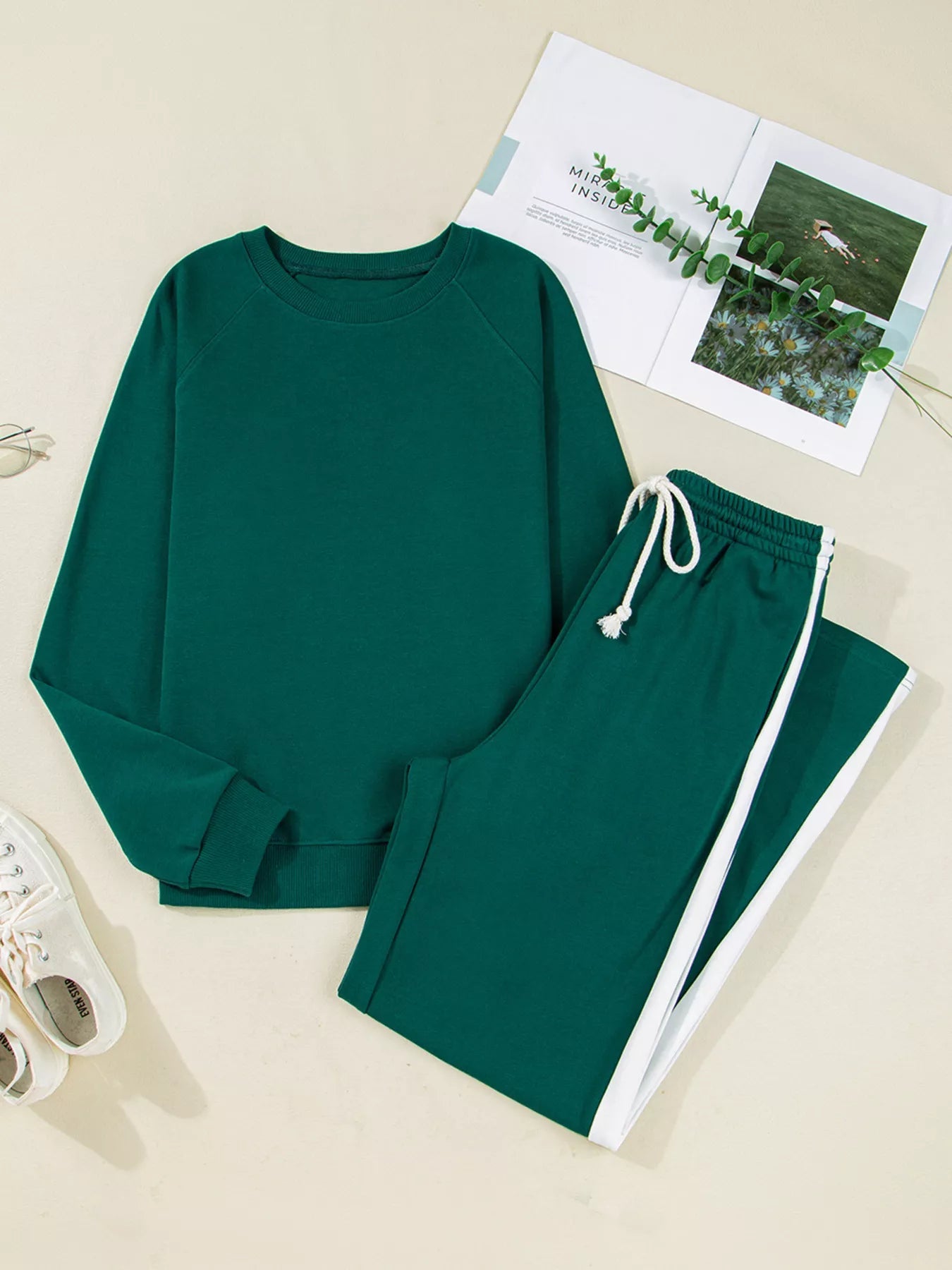 Round Neck Top and Stripe Detail Drawstring Pants Set - Knack'd Up