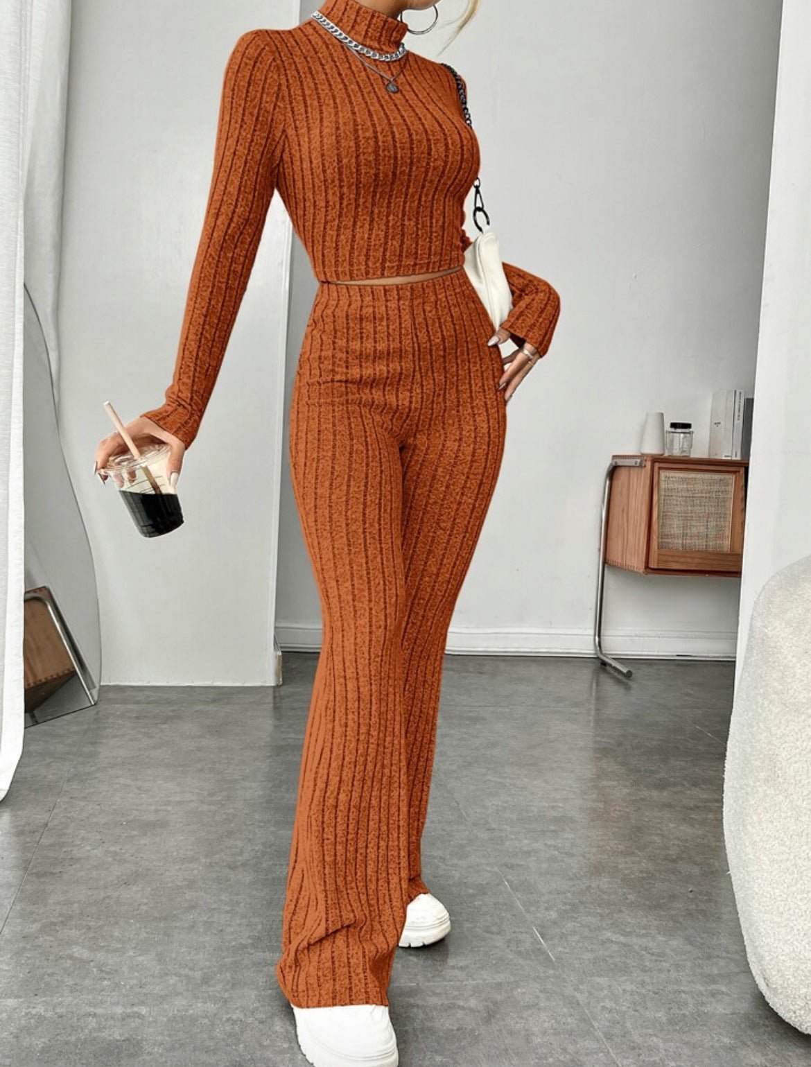 Rust Ribbed Knit Two - Piece Set – Turtleneck Crop Top & Flare Pants - Knack'd Up