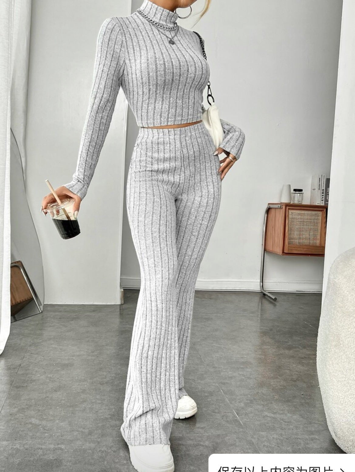 Rust Ribbed Knit Two - Piece Set – Turtleneck Crop Top & Flare Pants - Knack'd Up