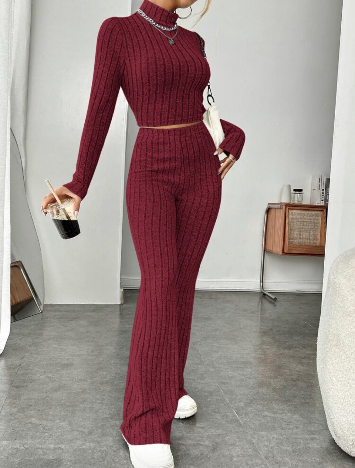 Rust Ribbed Knit Two - Piece Set – Turtleneck Crop Top & Flare Pants - Knack'd Up