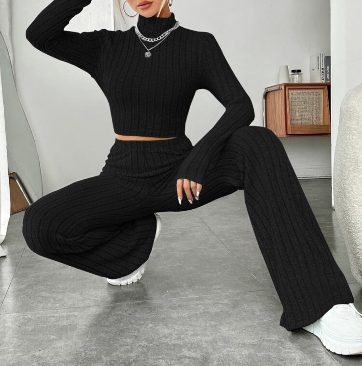 Rust Ribbed Knit Two - Piece Set – Turtleneck Crop Top & Flare Pants - Knack'd Up