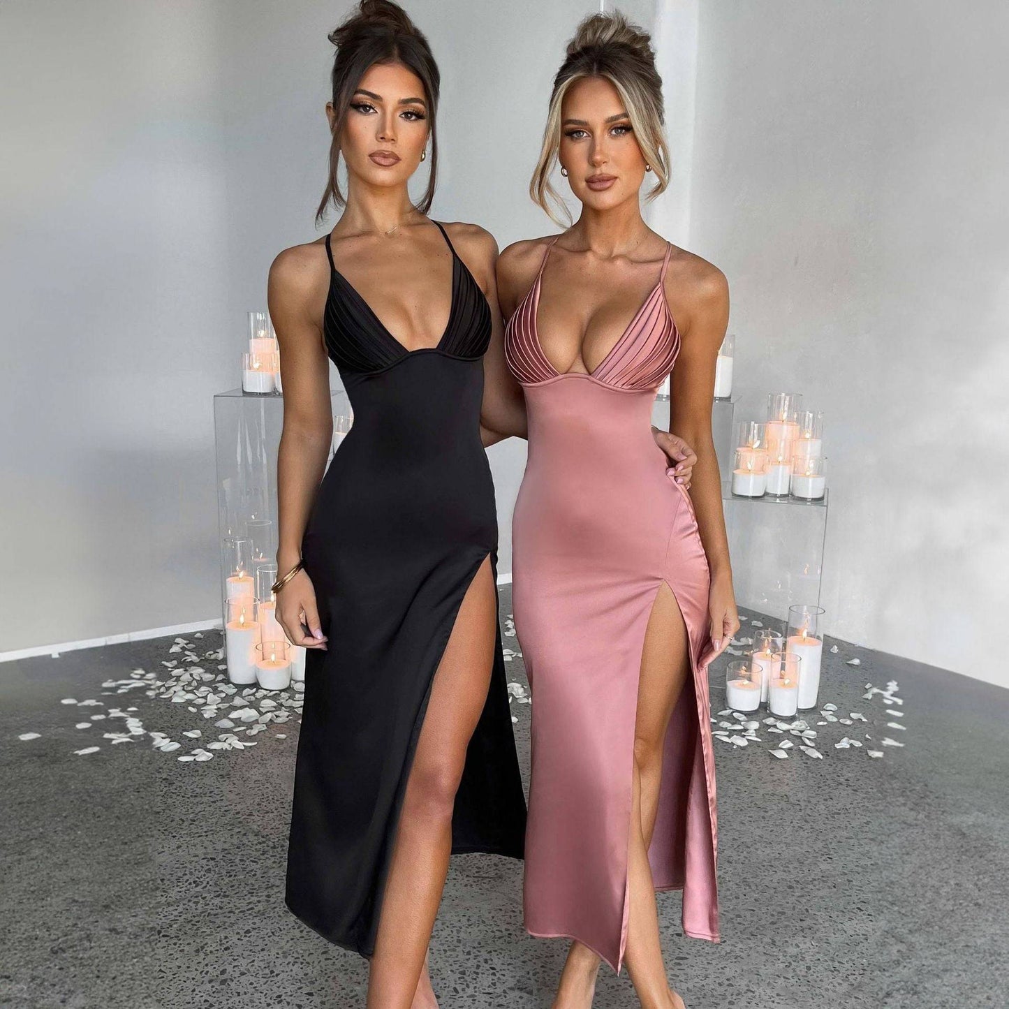 Satin Slit Maxi Dress – Elegant Spaghetti Strap Formal Gown - Knack'd Up