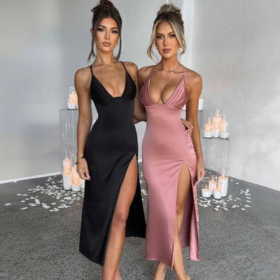 Satin Slit Maxi Dress – Elegant Spaghetti Strap Formal Gown - Knack'd Up