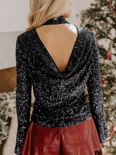 Sequin Mock Neck Drape Open Back Bell Sleeve Top - Knack'd Up