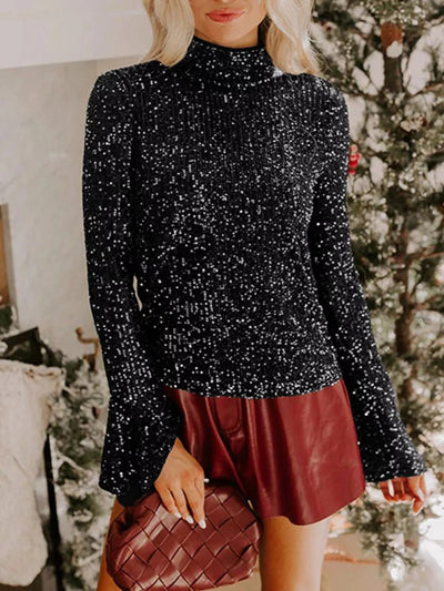 Sequin Mock Neck Drape Open Back Bell Sleeve Top - Knack'd Up