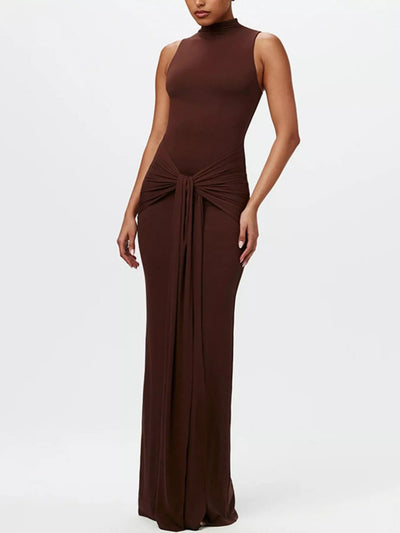 Sleeveless Mock Neck Knot Front Maxi Dress - Knack'd Up