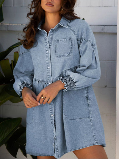 Smocked Cuffs Flared Denim Shirt Mini Dress - Knack'd Up