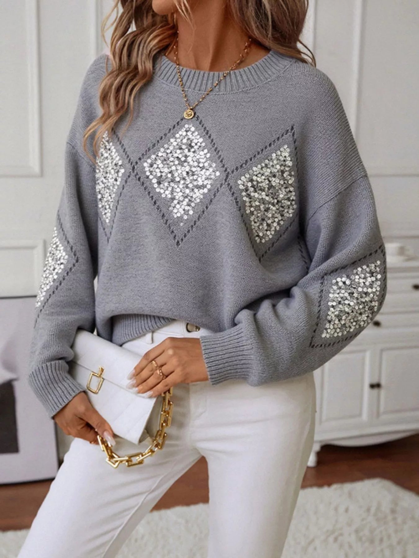 Sparkling Diamond Pattern Sweater - Knack'd Up