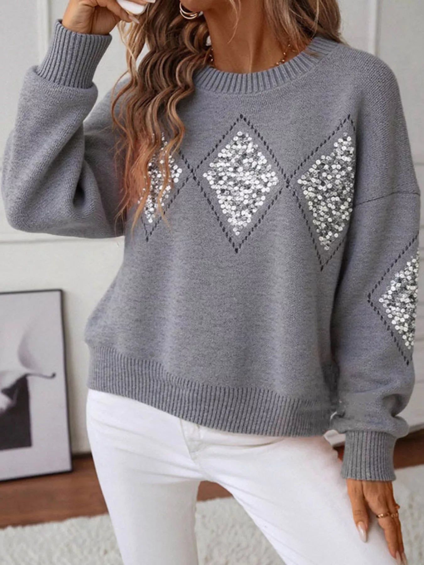 Sparkling Diamond Pattern Sweater - Knack'd Up