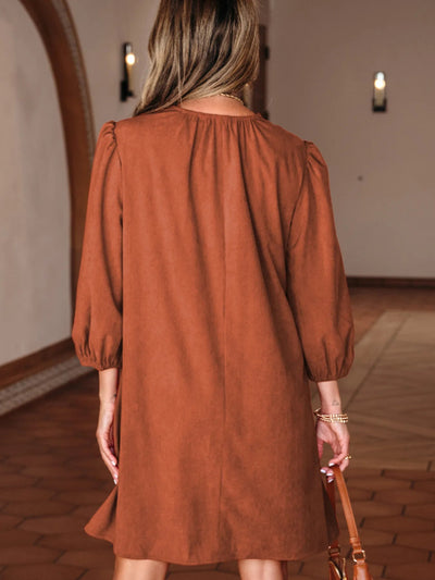 Split Neck Scallop Detail Corduroy Mini Dress - Knack'd Up