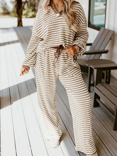 Stripe Collared Top and Drawstring Pant Set - Knack'd Up