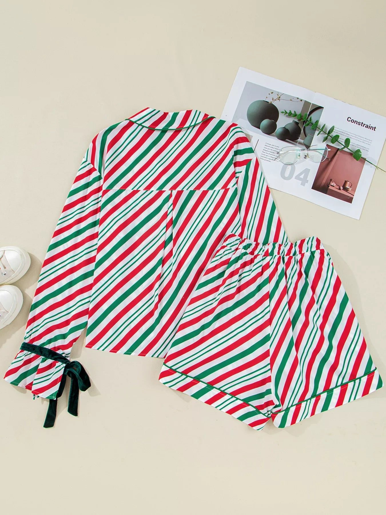 Stripe Contrast Velvet Ribbon Knot Christmas 2pcs Pajama Set - Knack'd Up