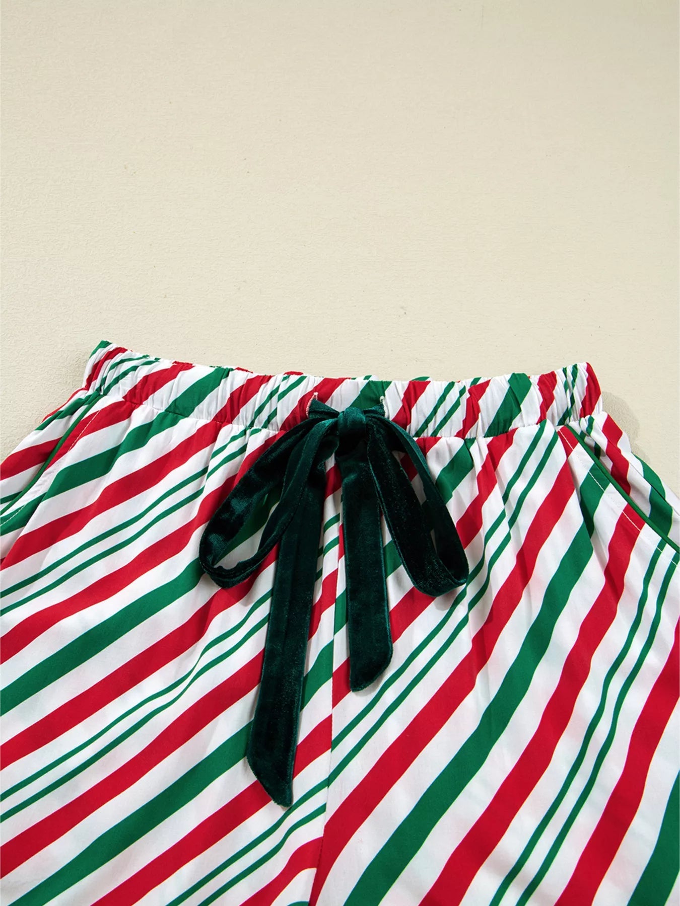 Stripe Contrast Velvet Ribbon Knot Christmas 2pcs Pajama Set - Knack'd Up