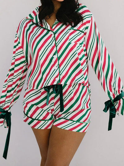 Stripe Contrast Velvet Ribbon Knot Christmas 2pcs Pajama Set - Knack'd Up