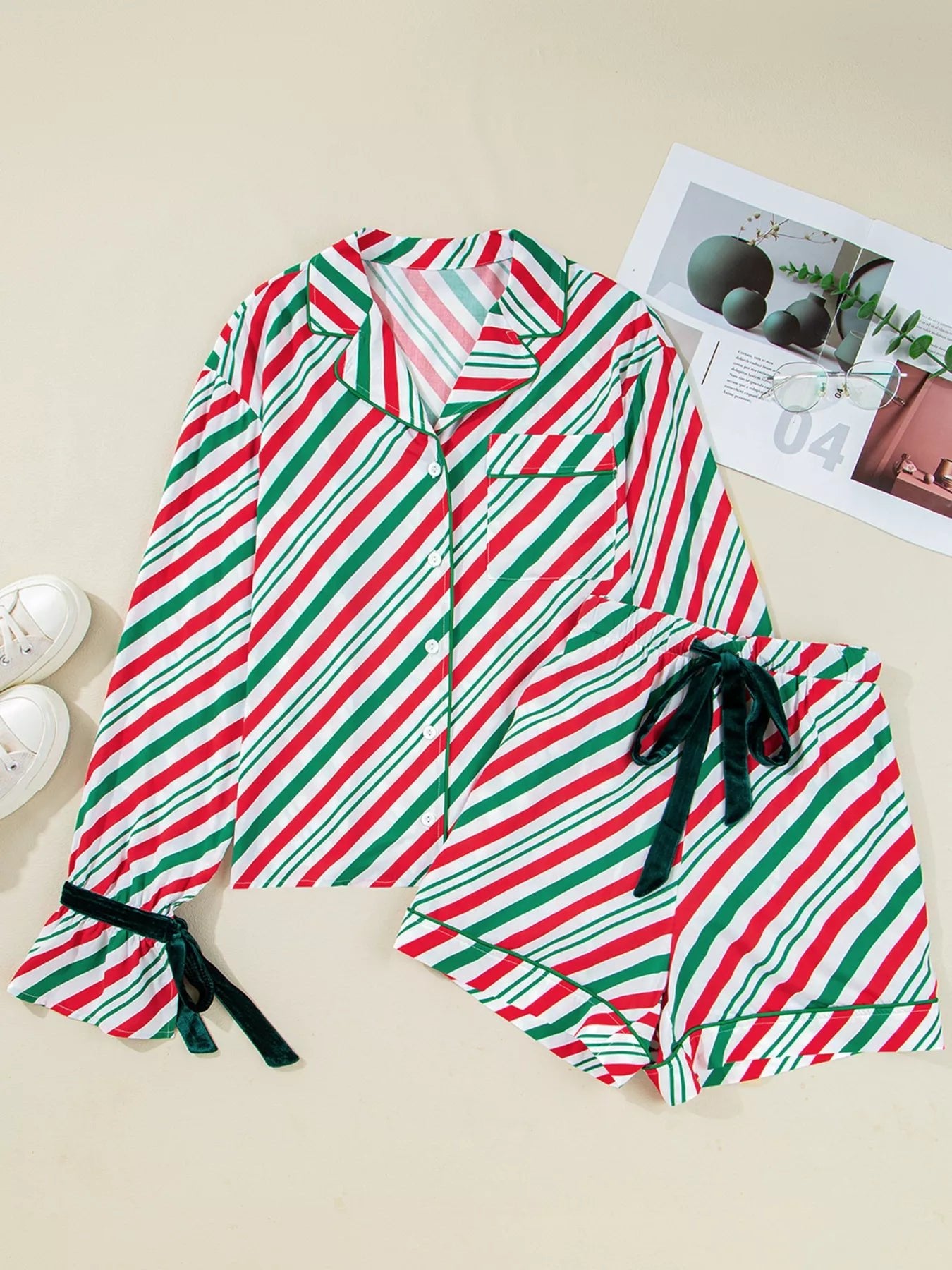 Stripe Contrast Velvet Ribbon Knot Christmas 2pcs Pajama Set - Knack'd Up