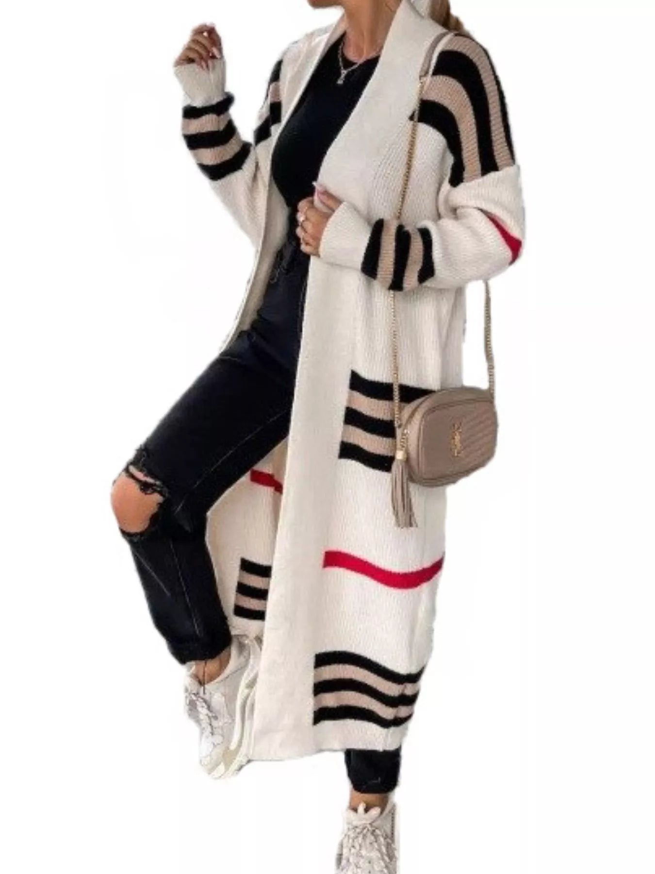 Striped Longline Open Front Cardigan - Knack'd Up