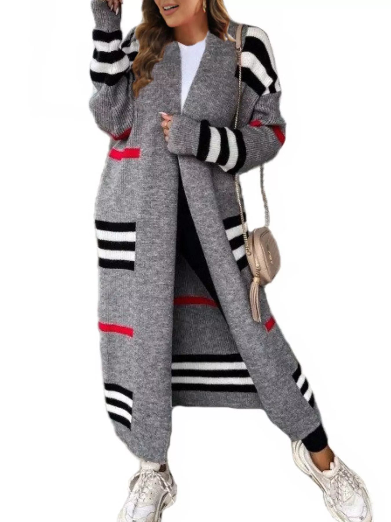 Striped Longline Open Front Cardigan - Knack'd Up