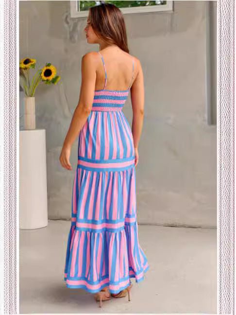 Striped Suspender Maxi Dress – Square Neck Backless Summer Dress with Pockets - Knack'd Up